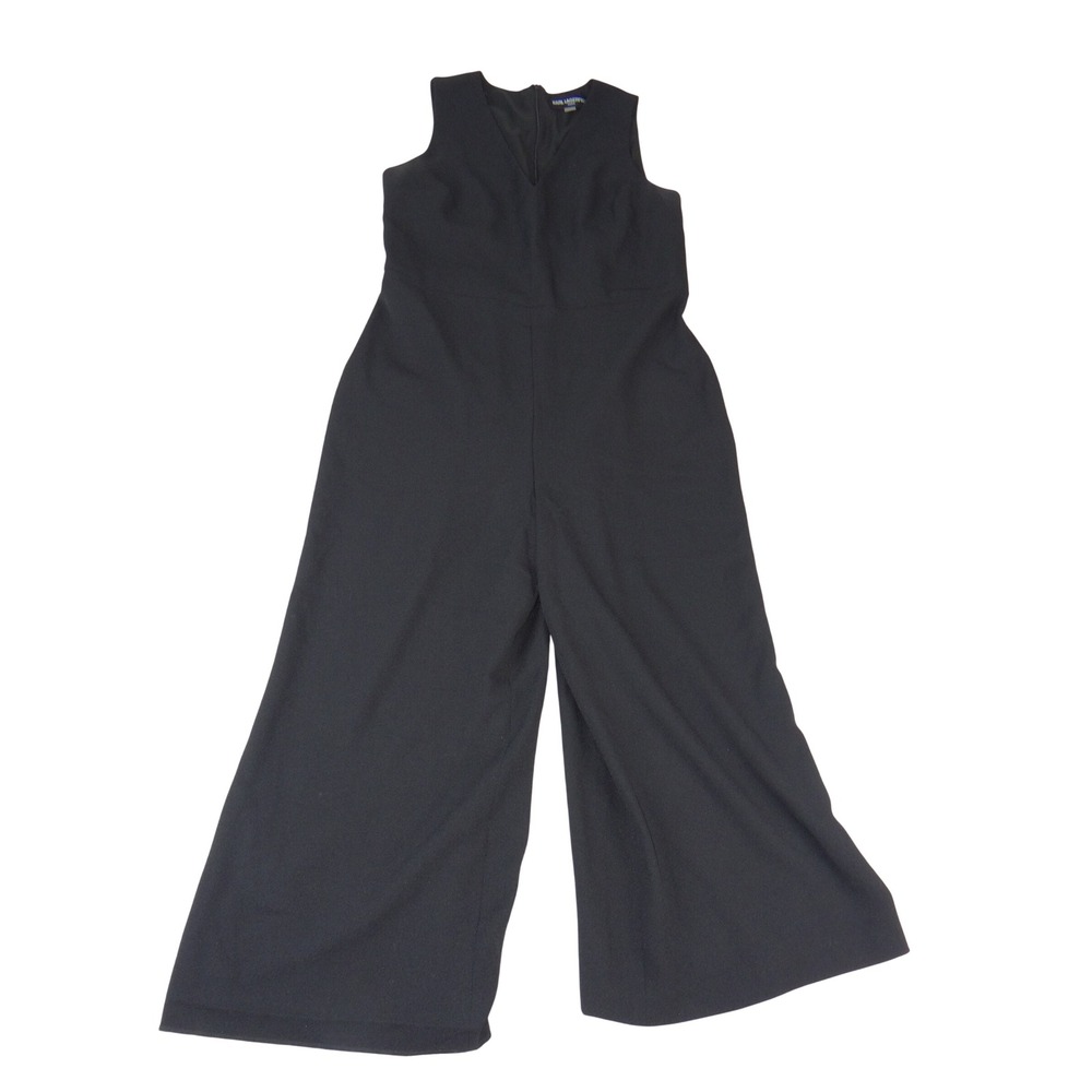 Karl Lagerfeld Paris Womens Black V-Neck Sleeveless Wide Leg Crepe Jumpsuit 14
